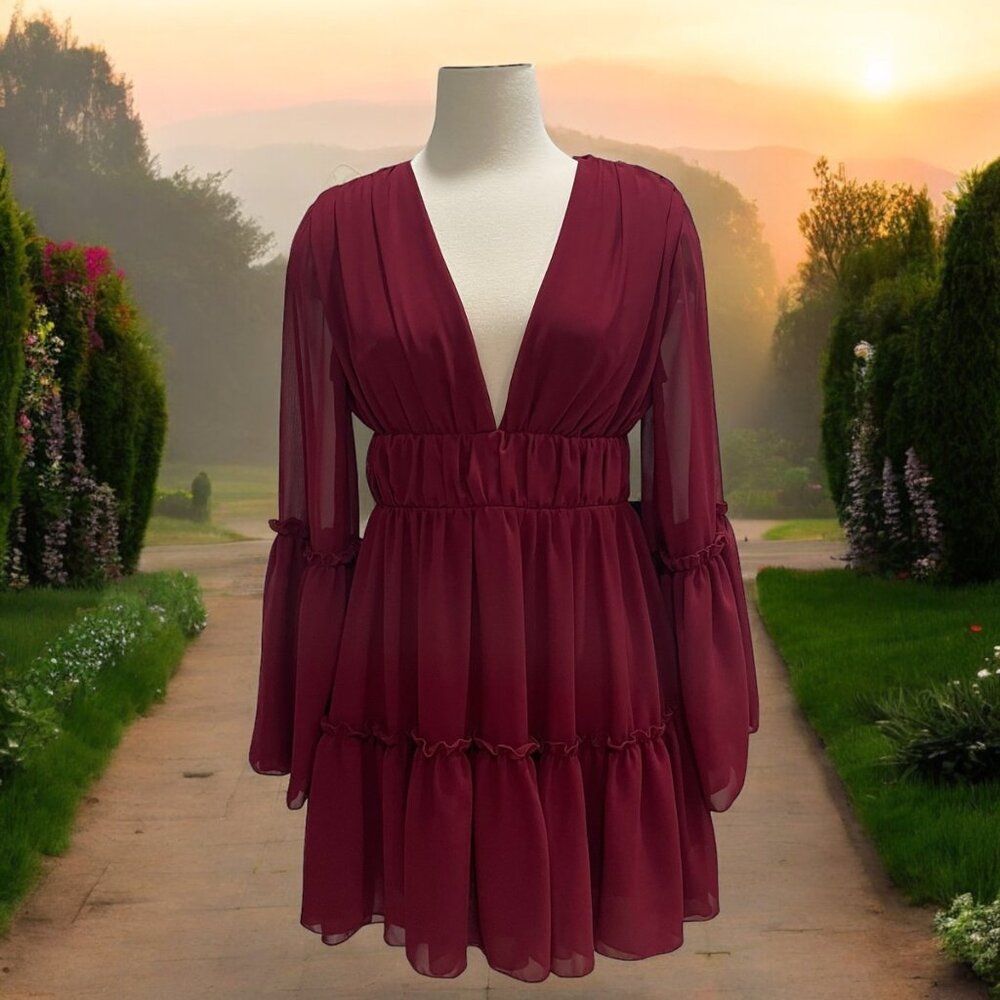 Deep V-Neck Burgundy Chiffon Mini Dress